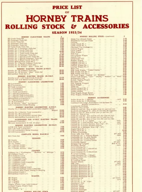 1933 34  original Hornby Trains Meccano Ltd Liverpool England Price List Canada