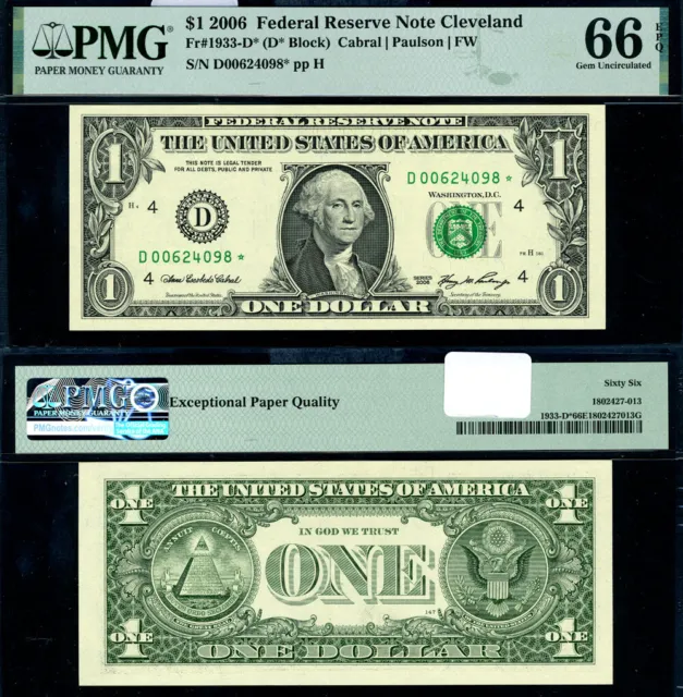 FR. 1933 D* $1 2006 Federal Reserve Note Cleveland D-* Block Gem PMG CU66 EPQ St