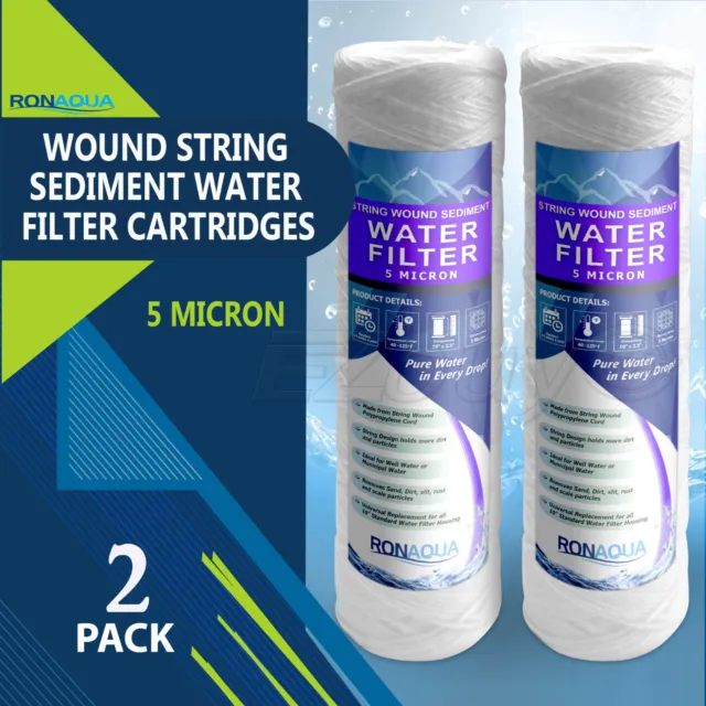 Wound String Sediment 5 Micron Water Filter Cartridge 2.5" x 10" 2 Pack