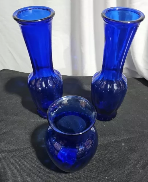 Vintage Cobalt Blue Glass Vase Lot Of 3 Assorted Sizes