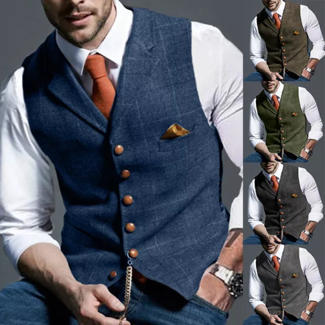 Uomo Rétro Tweed Gilet Misto Lana Formale Plaid a Spina di Pesce Abito Slim F#