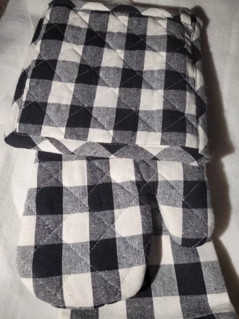 Black and White Check Kitchen Set Oven Mitt Hand Towel Hot Pad