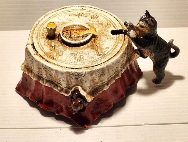 NEW Cast Iron Mechanical Coin Bank Cat & Fish on Table Home Décor Replica