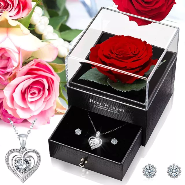 Eternal Rose with Heart Necklace Earrings 925Silver Infinity Roses Jewellery Box