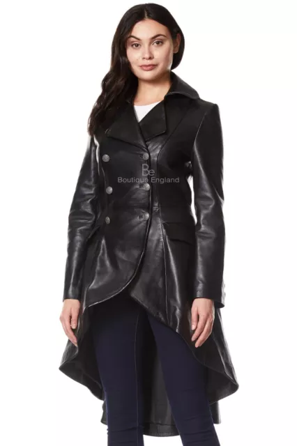 Ladies Leather Gothic Coat Back Laced Black | FASHION COAT SOFT LEATHER 3492