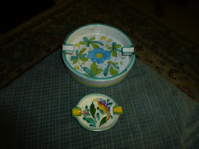 Vintage Hand Painted Flower Ceramic Pottery ASHTRAY Lot Of 2 Made In Italy VG