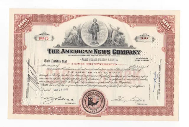 1968 The American News Company Stock Certificate