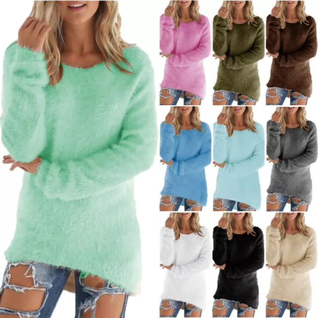 Damen Plüsch Pullover Pulli Strickpullover Winter Sweatshirt Jumper Warm Sweater