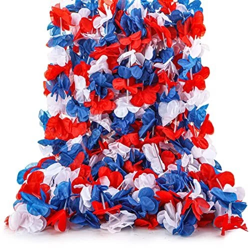 Cindeer 48 Pieces Blue Red and White Flower Leis 3.2 Feet Patriotic Plastic