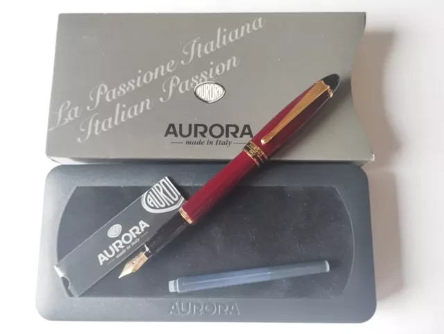 New Aurora Ipsilon Burgundy Bordeaux & Gold M Nib Fountain Pen Full Set