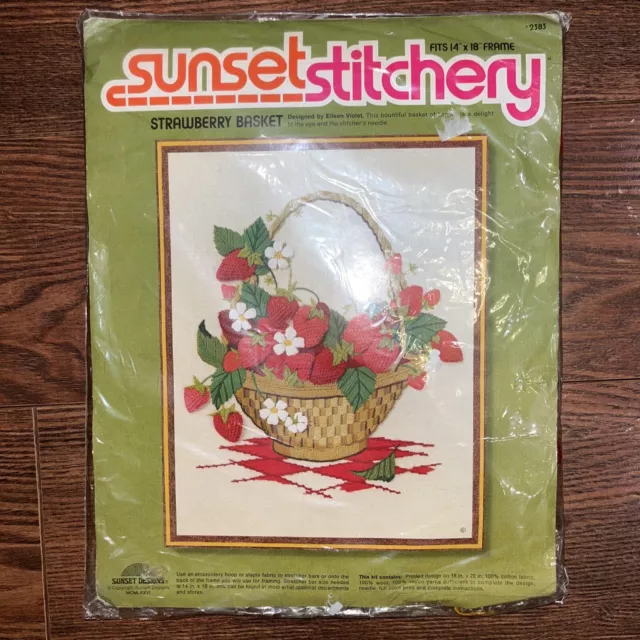 VTG NEW Strawberry Basket Embroidery Kit Sunset Stitchery Designs #2385 1976