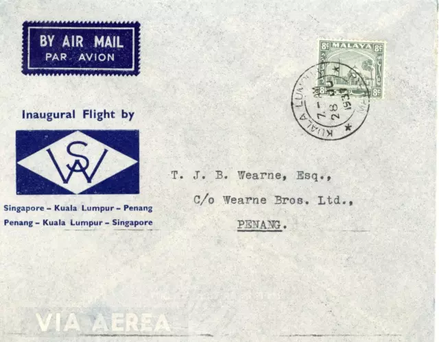 Malaya 1937 Kl Illustrated First Flight Cover To Penang