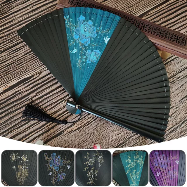 Women's Classical Japanese Style Painting Bamboo Folding Hand Fan Craft wTassel