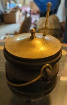 Antique Small Gypsy Pot Cauldron Cast Iron SMUDGE POT Brass Lid & Long Wand