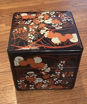 Vintage Asian Asahi Japan Black Lacquer Trinket Jewelry Bento Box 3-tier Poppies