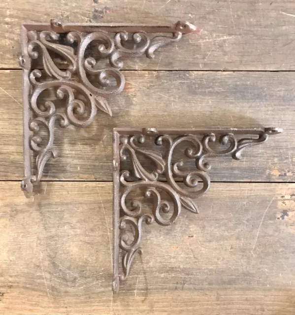 Cast Iron Pair of Brown Ornate Shelf Brackets, 9.25” x 9.25”