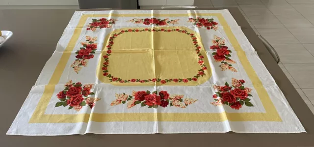 Vintage 1960's Floral Jacquard Print Fabric Square Table Cloth 124 x 124cm