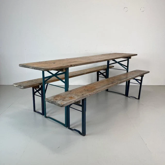 VINTAGE INDUSTRIAL GERMAN Beer Table Bench Set Garden Furniture Worn