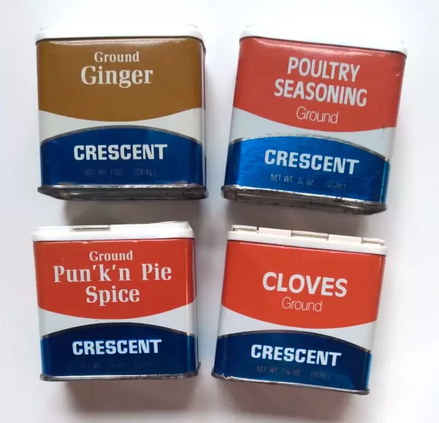 4 Crescent Spice Tins Pun'k'n Pie Cloves Ginger Poultry Season VTG Lot 1974 1981