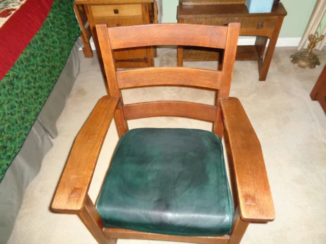 ANTIQUE arts & crafts mission Chas. Stickley branded oak chair with leather seat