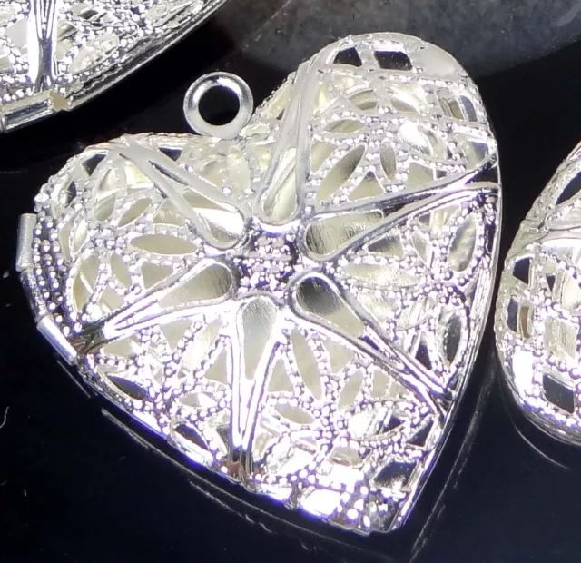 4 Silver Plated Filigree Hollow Locket Heart Pendants 26mm