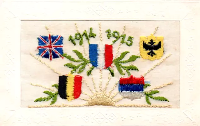 1914 1915: Allied Flags As Shields: Ww1 Embroidered Patriotic Silk Postcard