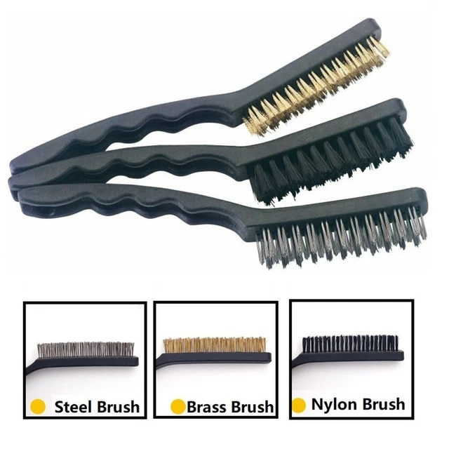 Emlimny Wire Brush Set 3Pcs - Nylon/Brass/Stainless Steel Bristles For Cleaning With Curved Handle Grip For Rust, Paint Removal, Dirt & Paint Scrubbing With Deep Cleaning – 7 Inches (Red