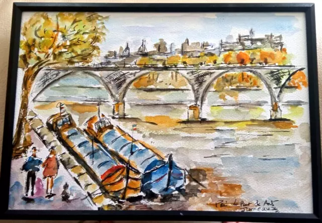Aquarelle Paris Le Pont Des  Arts Tableau  Peinture  Signe Jumeaux Jean Pierre