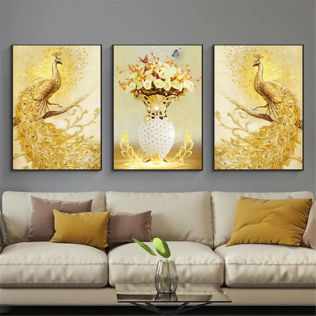 Lucky Golden Peacock Painting Canvas Art  Vase Poster Wall Picture Bedroom Decor