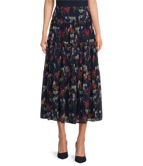 LAUREN RALPH LAUREN Floral Crinkle Georgette Tiered Skirt Midi Navy 4 NWT $165