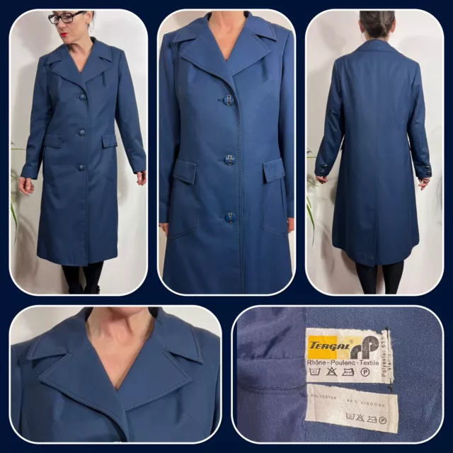 Vintage 1960s 70s Blue Polyester Blend Coat Large Collar Size 14 16 Mod