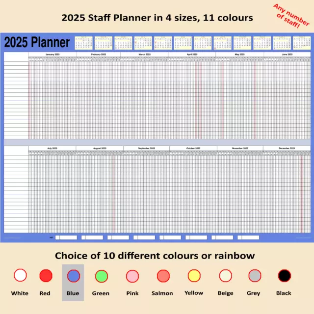2025 Staff Planner 365 days, 4 sizes up to 24x60", choice of Colour & Staff num.