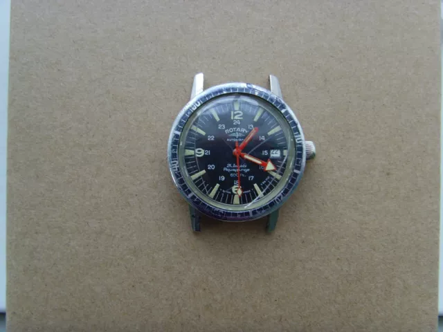 A Mans Used Vintage Rotary Automaic Aquaplunge 600Ft Divers Watch Head.