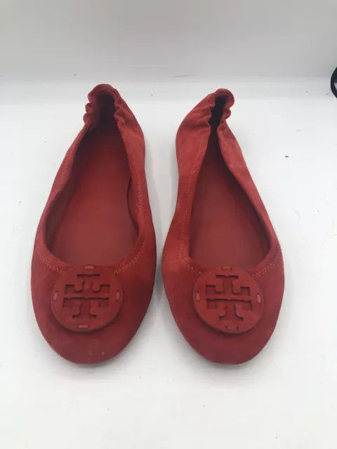 Tory Burch Ruby Red Suede Minnie Travel Ballet Flats Size US 9 Women Logo RARE