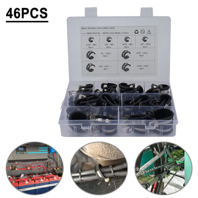 46pcs Rubber Cushion Insulated Clamp Cable Clamp Assortment Kit Fit Car Hose