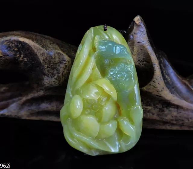 100% Natural Hand-carved Jade Pendant Jadeite Necklace bird&lotus flower 962i