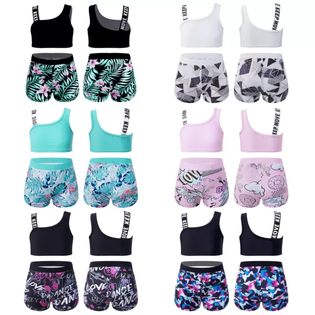 Kids Girls Summer Sport Tracksuit Athletic Crop Top+Shorts Sets Yoga Activewear