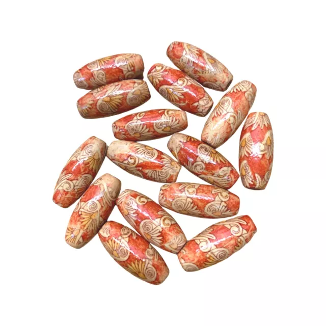 Große ovale Holzperlen, 15 pro Tasche 30 mm x 14 mm rot gemustert 3 mm Loch W4