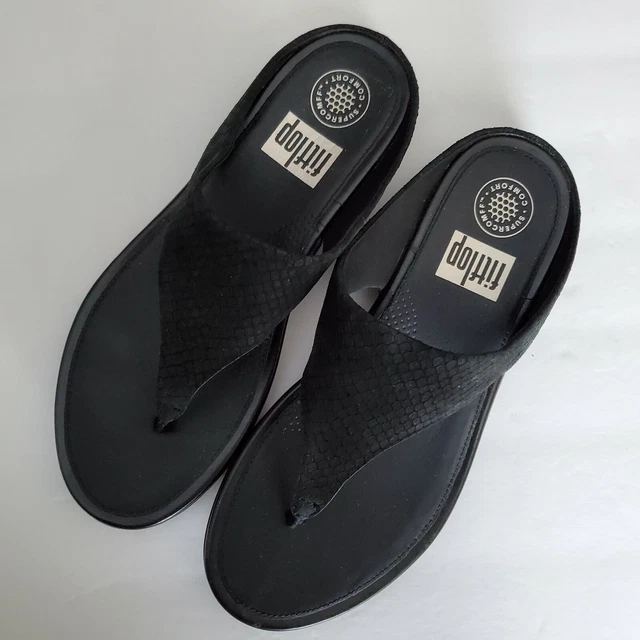 FITFLOP L88-001 Banda Black Suede Snake Print Comfort Flip Flop Women’s Size 7