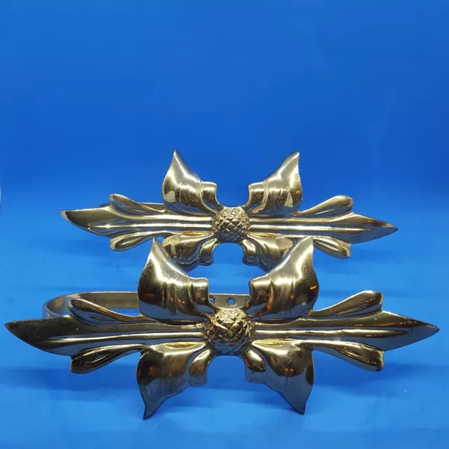 Pair of Drape Curtain Tie Backs Heavy Brass Classical Leaf Bow Glossy Gold Color