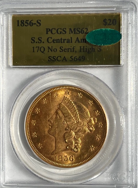 Ss Central America Ssca Rarer 1856 S  Double Eagle Pcgs Gold Label Ms 62 And Cac