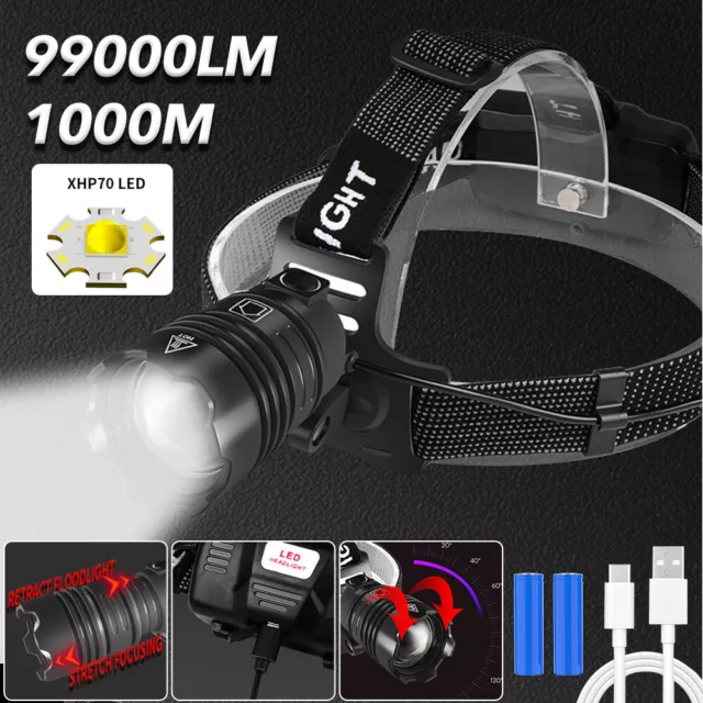 LED Headlamp USB Rechargeable Zoomable Headlight Head Torch Lamp Flashlight