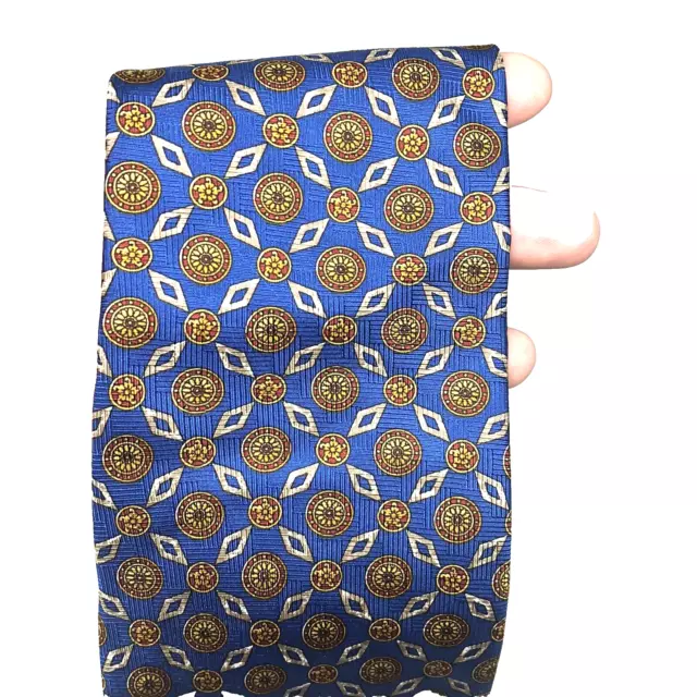 Roberts Saks 5th Avenue Medallion 100% Silk Glossy Tie Blue Gold Necktie