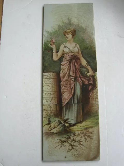 Antique Victorian Minton Hollins Hand-Painted 3 Tile Panel - Maiden - C1880
