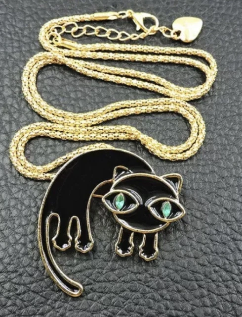 Betsey Johnson Black Enamel Crystal Kitty Cat Pendant Necklace Brooch NWT