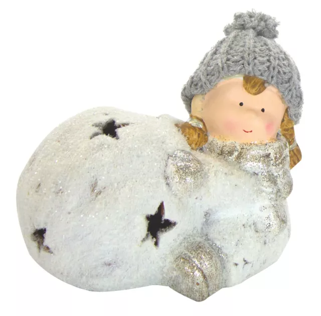 Deko Figur Mädchen mit Schneeball mit Sternen und LED - Winterkind Wintermädchen