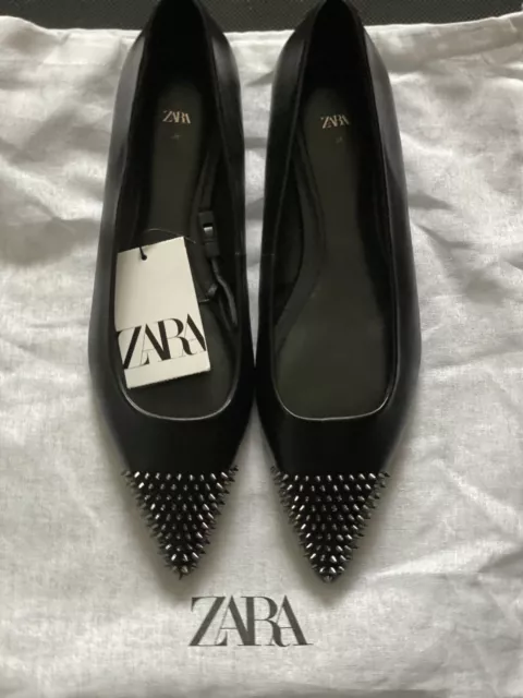 ZARA LEATHER BALLET Studded Flat Pointed Shoes Size 5 38 Brand New