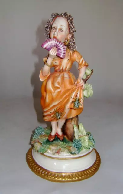 Good Naples Capodimonte Porcelain Figurine of Girl with Fan by Milio