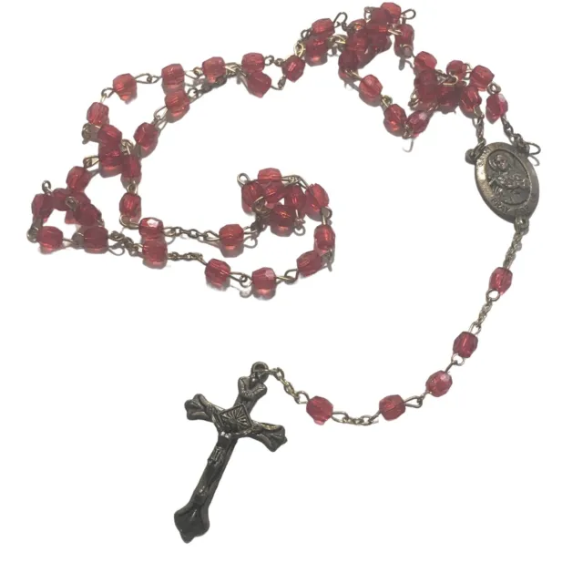 St Terese Red Vintage Catholic Rosary Beads Necklace Crucifix Metal