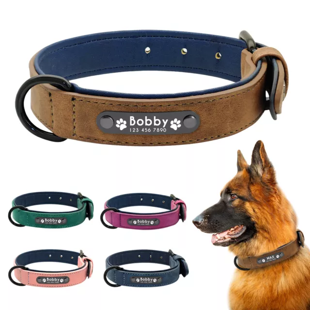 Soft Leather Personalized Dog Collar with Custom Engraved Name ID Tag Paw Print